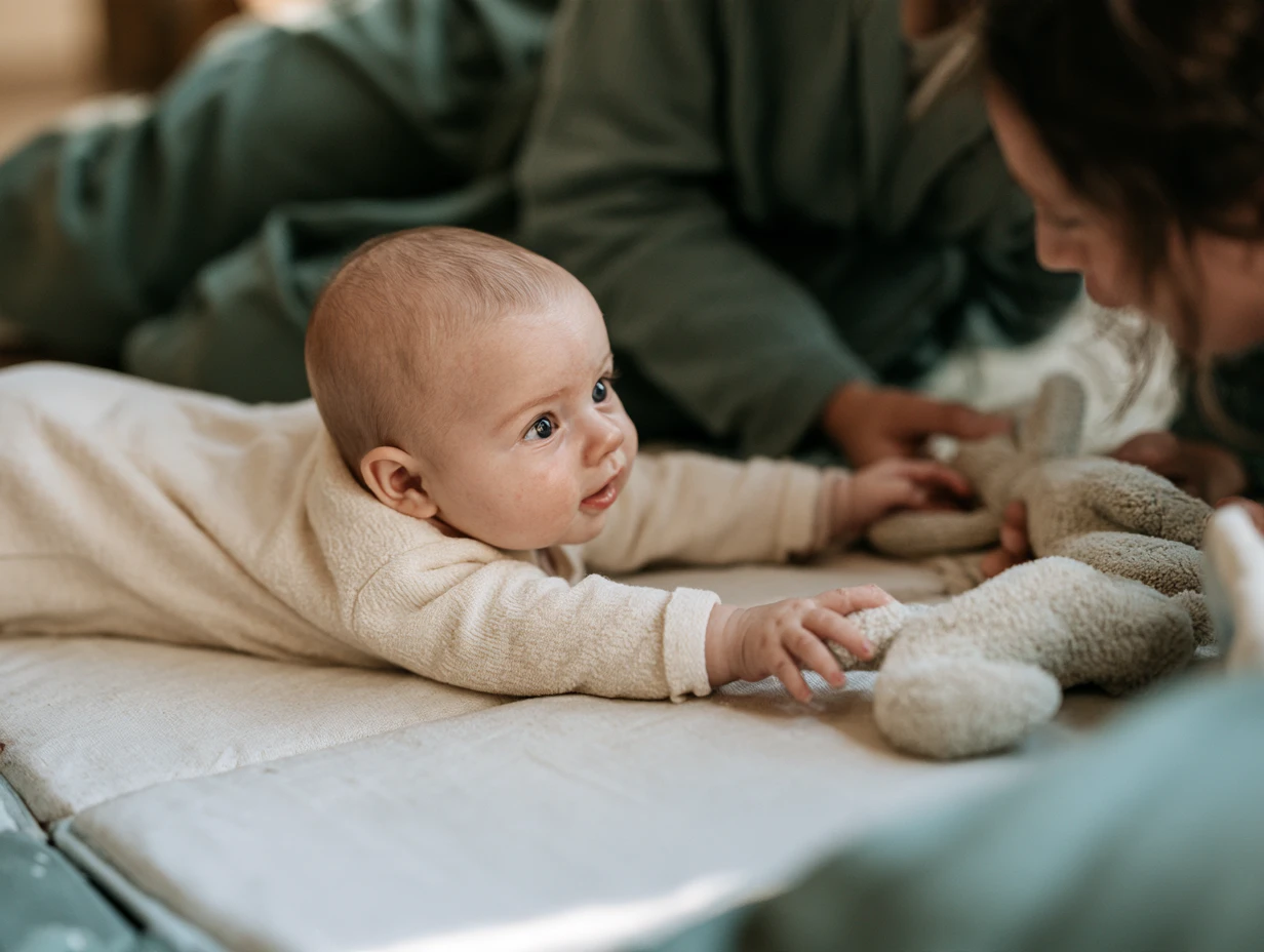 A baby on a play mat reaching for a soft toy, with an adult close by