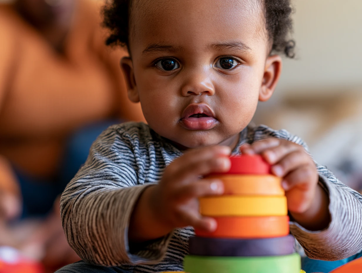 A baby concentrating on a colourful stacking toy