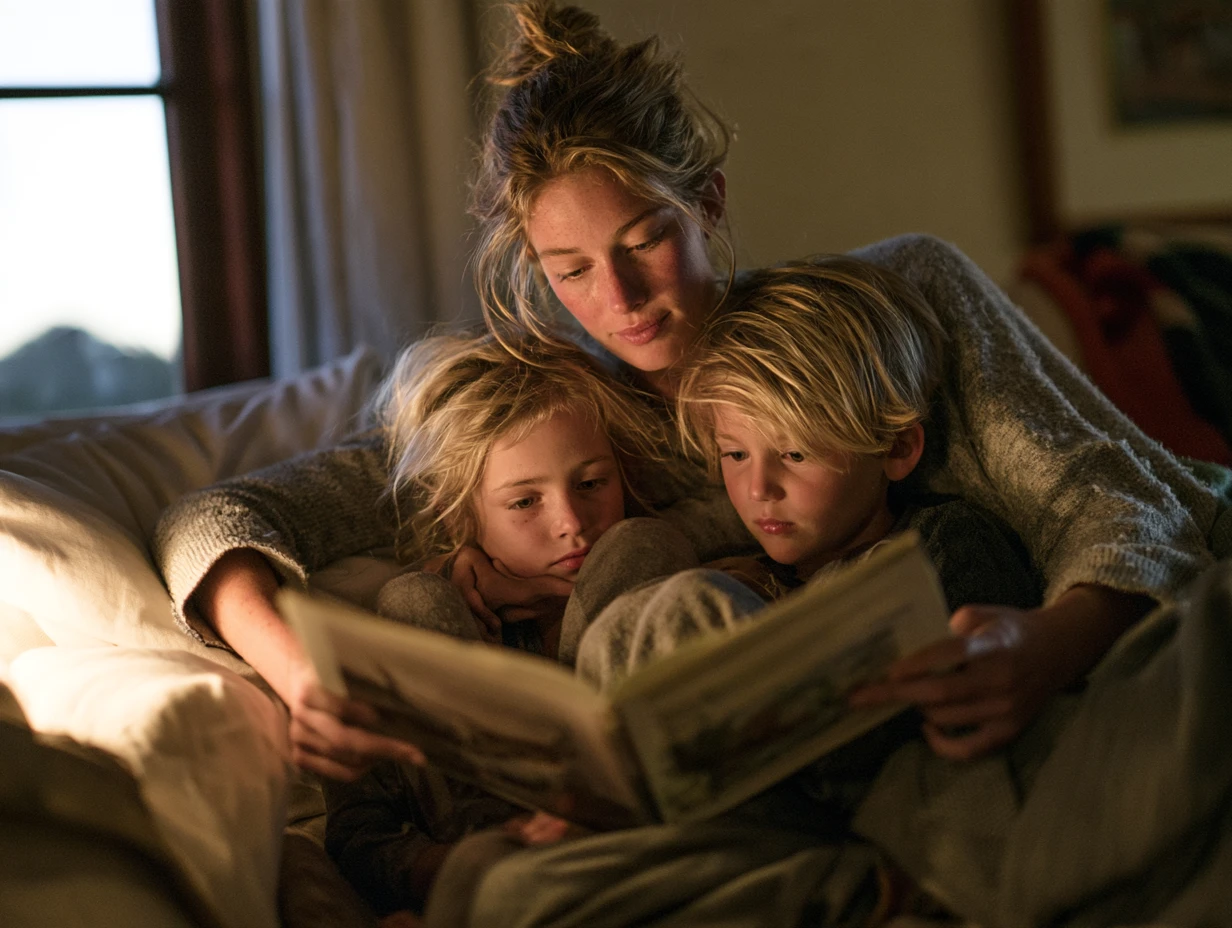 A babysitter reading a bedtime story to two children
