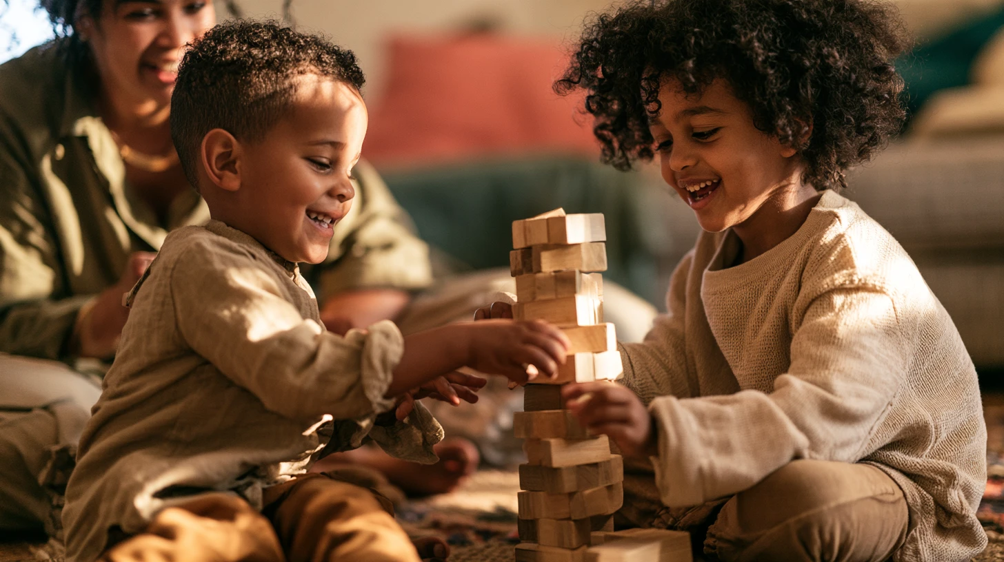 Two young children laughing as they build a tower of wooden blocks, with a carer smiling beside them
