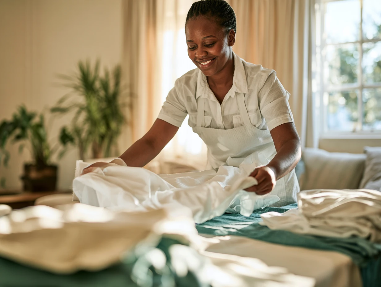 A domestic worker smiling as she folds clean linen