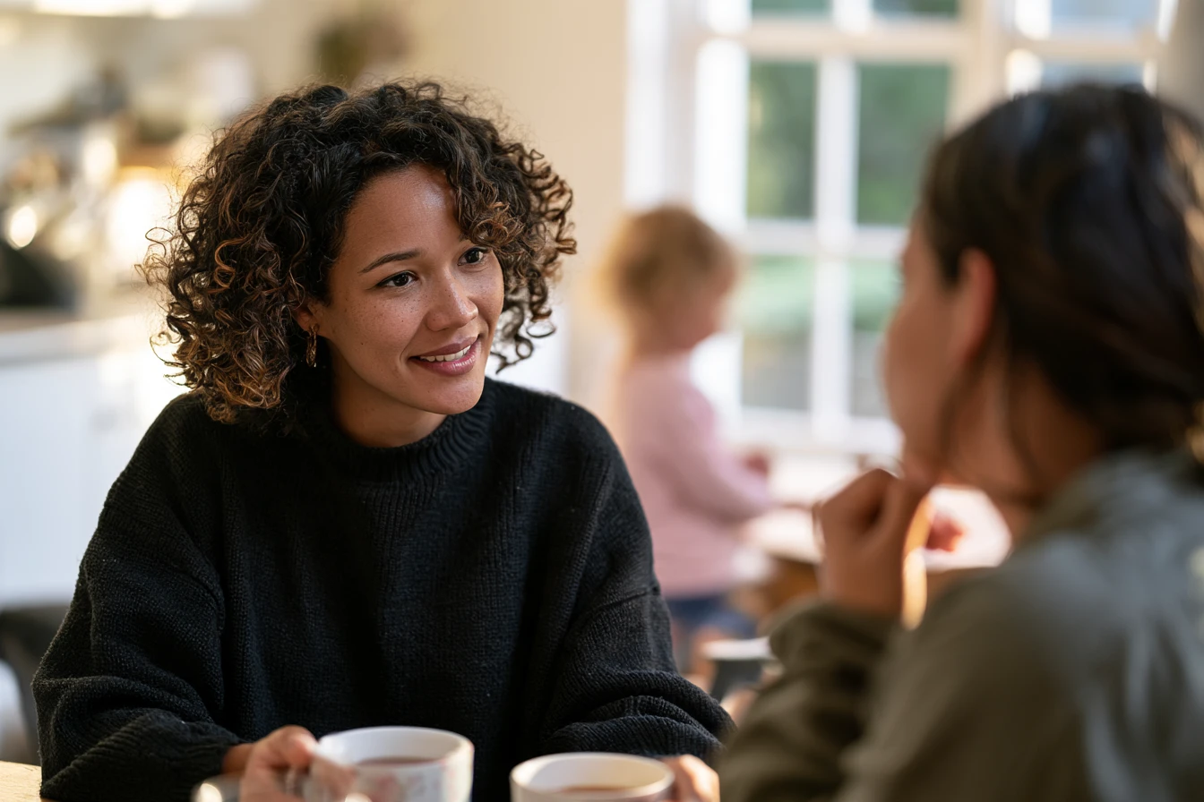 A parent and a carer talking over coffee at a kitchen table